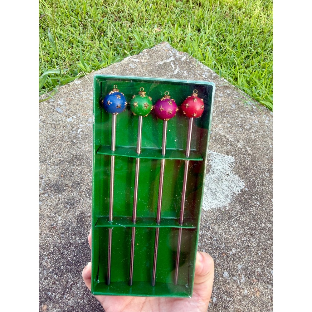 Vintage 1995 Amco Holiday Swizzle Sticks Set of 4 Star Toppers Cocktail Stirrers